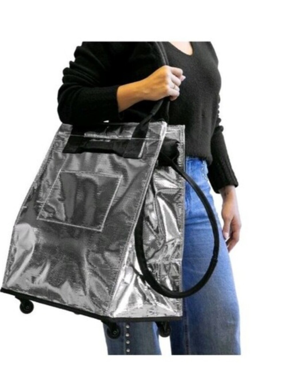 CleverMade Foldable Rolling Tote Bag 18"W x 24"H Soft Grip 90L 75lb Silver New - Picture 2 of 5